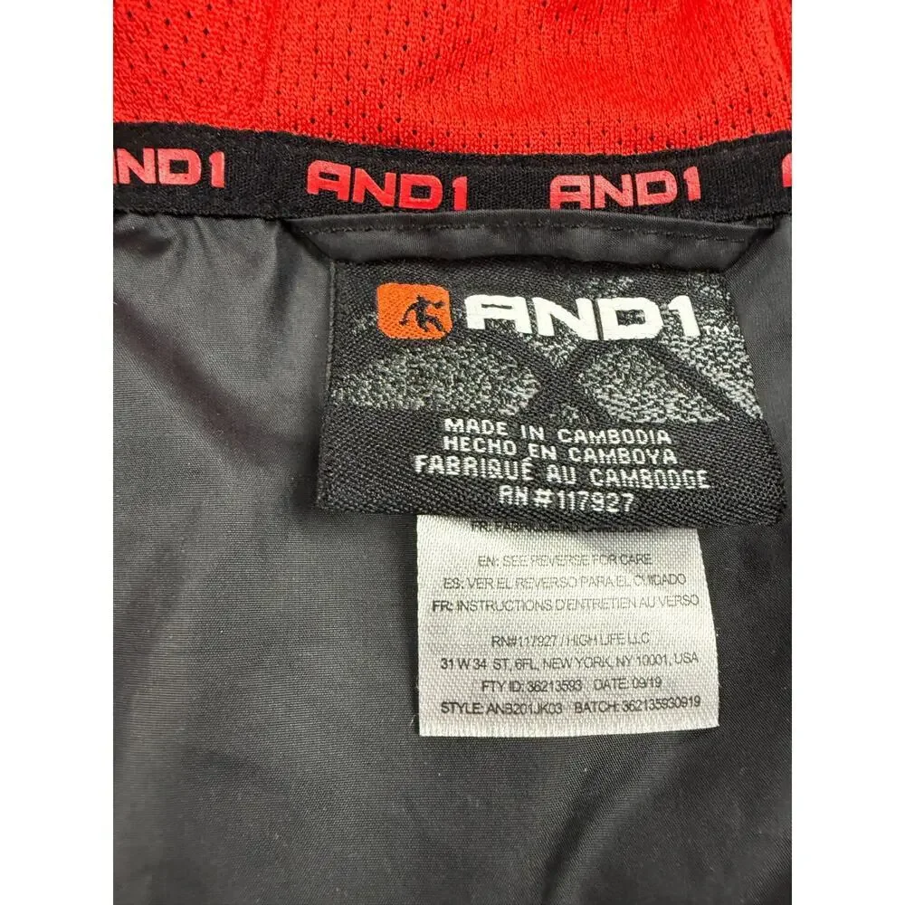 AND1 Youth Windbreaker Jacket Red Black Athletic Hooded Zip Lightweight XL 14/16